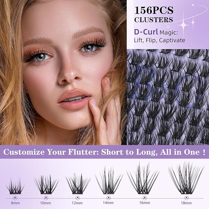 B&Q Wispy Lash Clusters Full B03,Eyelash Clusters 156PCS Comfortable band Cluster Eyelash Extensions,8-18mm Volume Individual Lashes Lightweight D Curl Lash Clusters Soft Eyelashes Natural Look(B03)