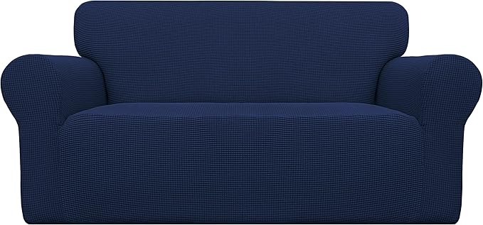 Easy-Going Stretch Loveseat Slipcover 1-Piece Sofa Cover Furniture Protector Couch Soft with Elastic Bottom for Kids Polyester Spandex Jacquard Fabric Small Checks (Loveseat, Navy)