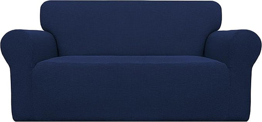 Easy-Going Stretch Loveseat Slipcover 1-Piece Sofa Cover Furniture Protector Couch Soft with Elastic Bottom for Kids Polyester Spandex Jacquard Fabric Small Checks (Loveseat, Navy)