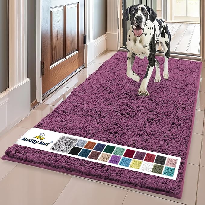 Muddy Mat® | Super Absorbent Door Mat Indoor, Microfiber Quick Dry Chenille Entryway Rug, Non-Slip Front Door Mat, Indoor Mats for Entryway, Machine Washable Pet Rug, Dark Purple 24" x 120"
