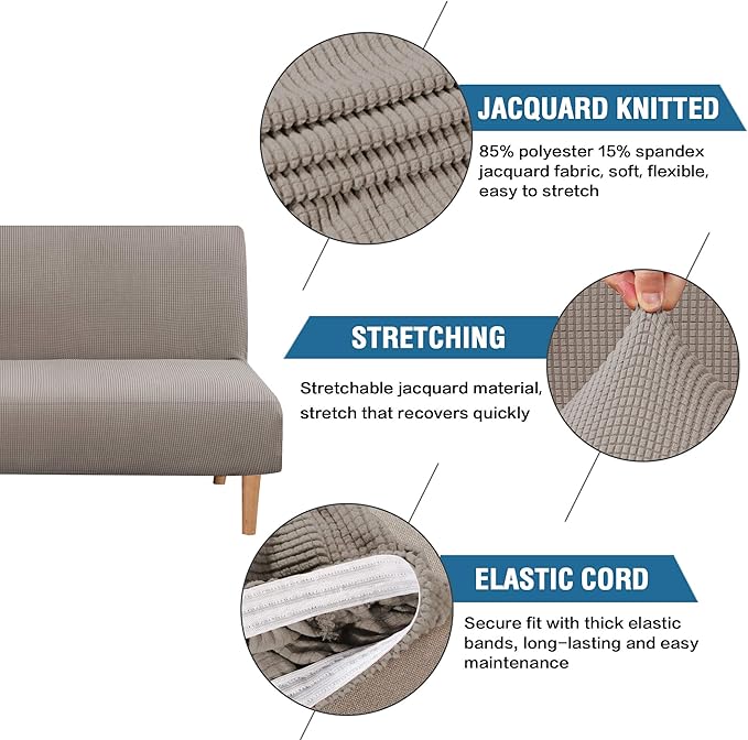 H.VERSAILTEX Armless Futon Cover Stretch Sofa Bed Slipcover Protector Elastic Feature Rich Textured High Spandex Small Checks Jacquard Fabric Futon Cover, Machine Washable, Taupe