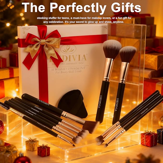 Black Makeup Brushes Set 14 Pcs Professional, Premium Synthetic Foundation Makeup Brush Concealer Powder Blush Eyeshadow Brushes with 2 Powder Puff & Dual-ended Mask Applicator.Gifts for Girls