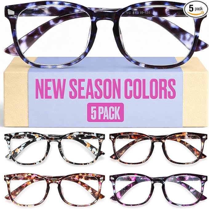 CCVOO +2.0 Clear Vision Reading Glasses for Women ?€? 5-Pack Blue Light Filtering Readers with Spring Hinges