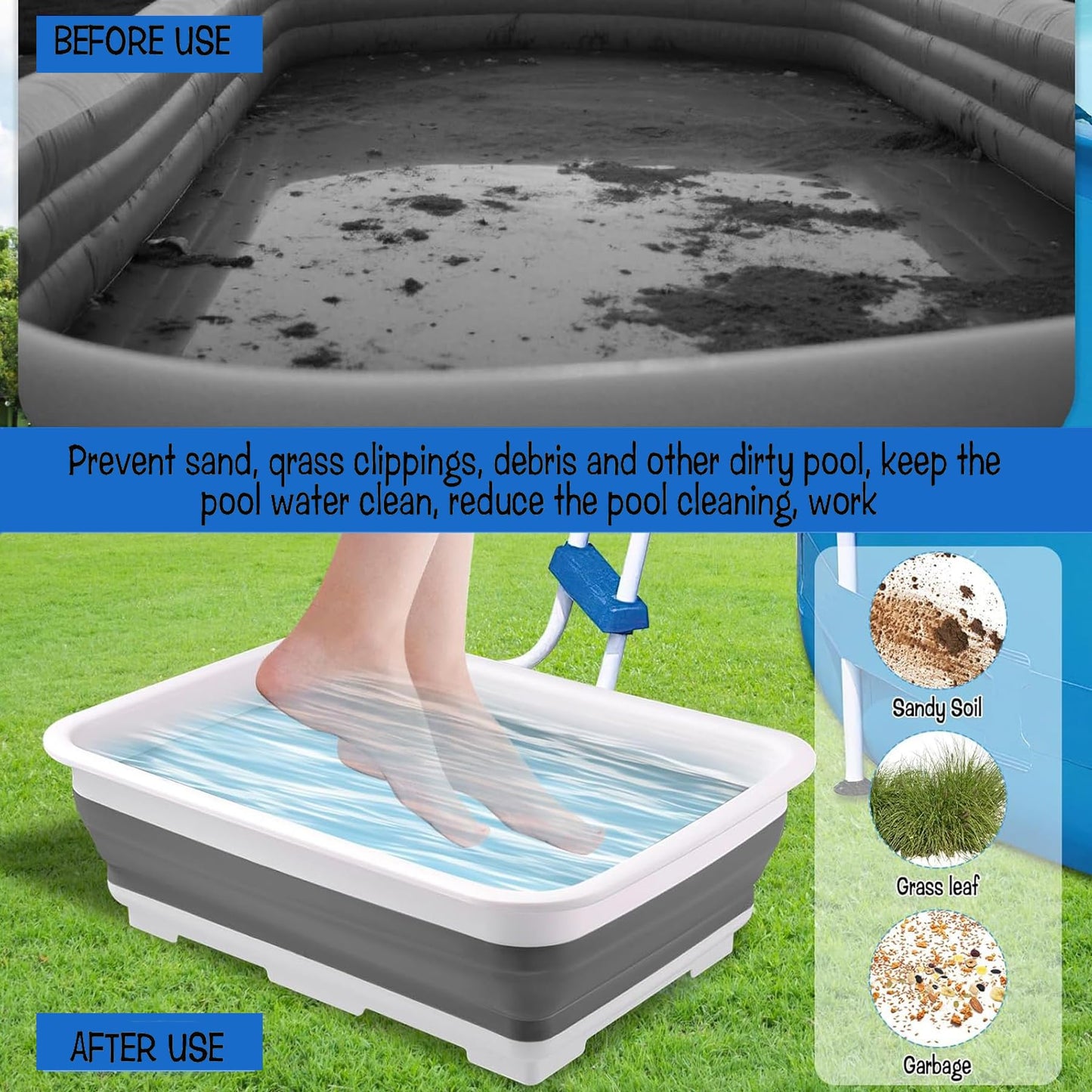 ESEHGS Pool Foot Bath Tray for Swimming Pool, Non- Slip Collapsible Foot Bath for Pool, Portable Foot Tub for Pool for Above Ground Pool Accessories, Rinse Feet Keep Pool Clean (Grey + White)