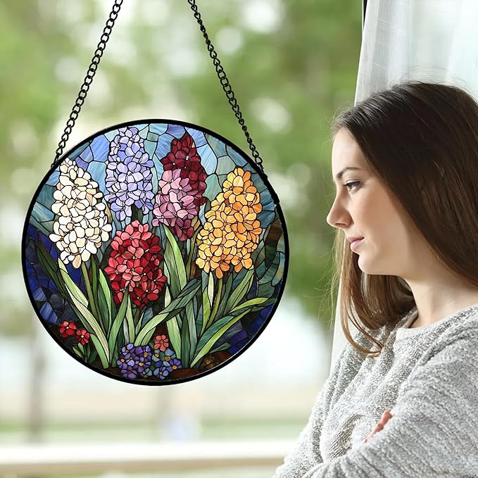 DASTOLL Stained Glass Window Hanging, Colorful Hyacinth Flowers Suncatcher for Doors Window Home Plant Sun Catchers Decoration Mother's Day Birthday Gifts for Women, Men, and Mom 15x15 in