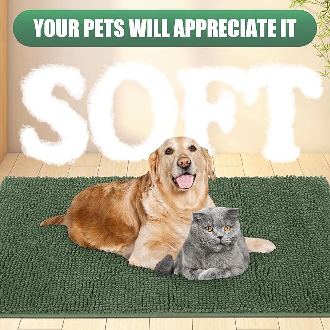 IM HOME Chenille Absorbent Outdoor Doormat 48" x 30", Washable Muddy Door Mats for Dog Non Slip Indoor Doormat Dog Mat for Muddy Paw Front Inside Doormats for Entryway Olive