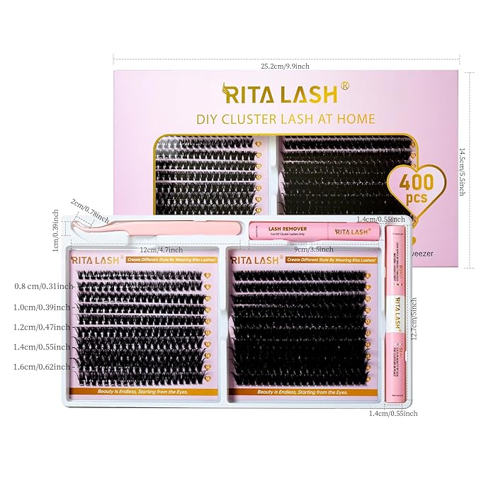 Lash Extension Kit 60D+100D Cluster lash kit Mixed Length D Curl Clusters Eyelash Extension Kit with LashBond & Seal & Remover & Tweezers, Lash Clusters DlY False Eyelashes, Summer Makeup 8-16mm