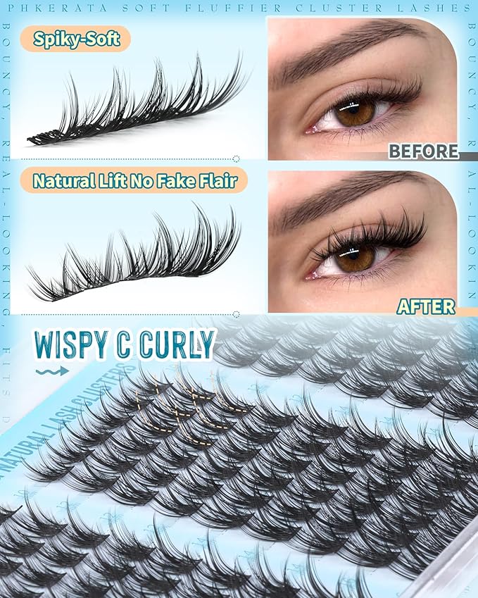 PHKERATA Natural Eyelash Clusters C Curly Lash Clusters Wispy Cluster Eyelash Extensions 180pcs Individual Lashes Extension with Soft Thin Band, 10-16mm