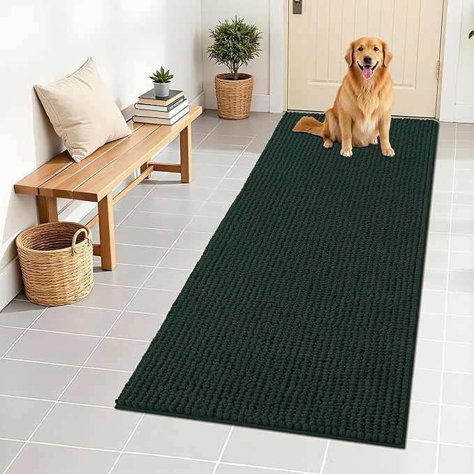 OLANLY Dog Door Mat for Muddy Paws 59x24, Ultra Absorbent Chenille Mud Doormat, Non-Slip Washable and Dirt Trapping Doormat for Indoor Entryway, Quick-Dry Indoor Pet Bed Mats for Dogs, Blackish Green