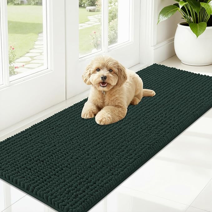 OLANLY Dog Door Mat for Muddy Paws 59x20, Ultra Absorbent Chenille Mud Doormat, Non-Slip Washable and Dirt Trapping Doormat for Indoor Entryway, Quick-Dry Indoor Pet Bed Mats for Dogs, Blackish Green