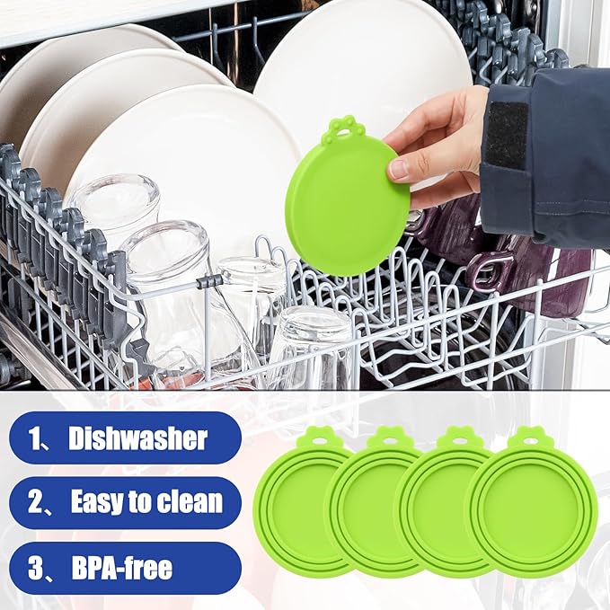 PINE & LINEN 4 Pcs Durable Pet Can Lids,One fit 3 Standard Size Silicone Waterproof Cat Food Cans Lids for 3oz/5.5oz/12.5oz/13.2oz Cat Food Cans（Green）