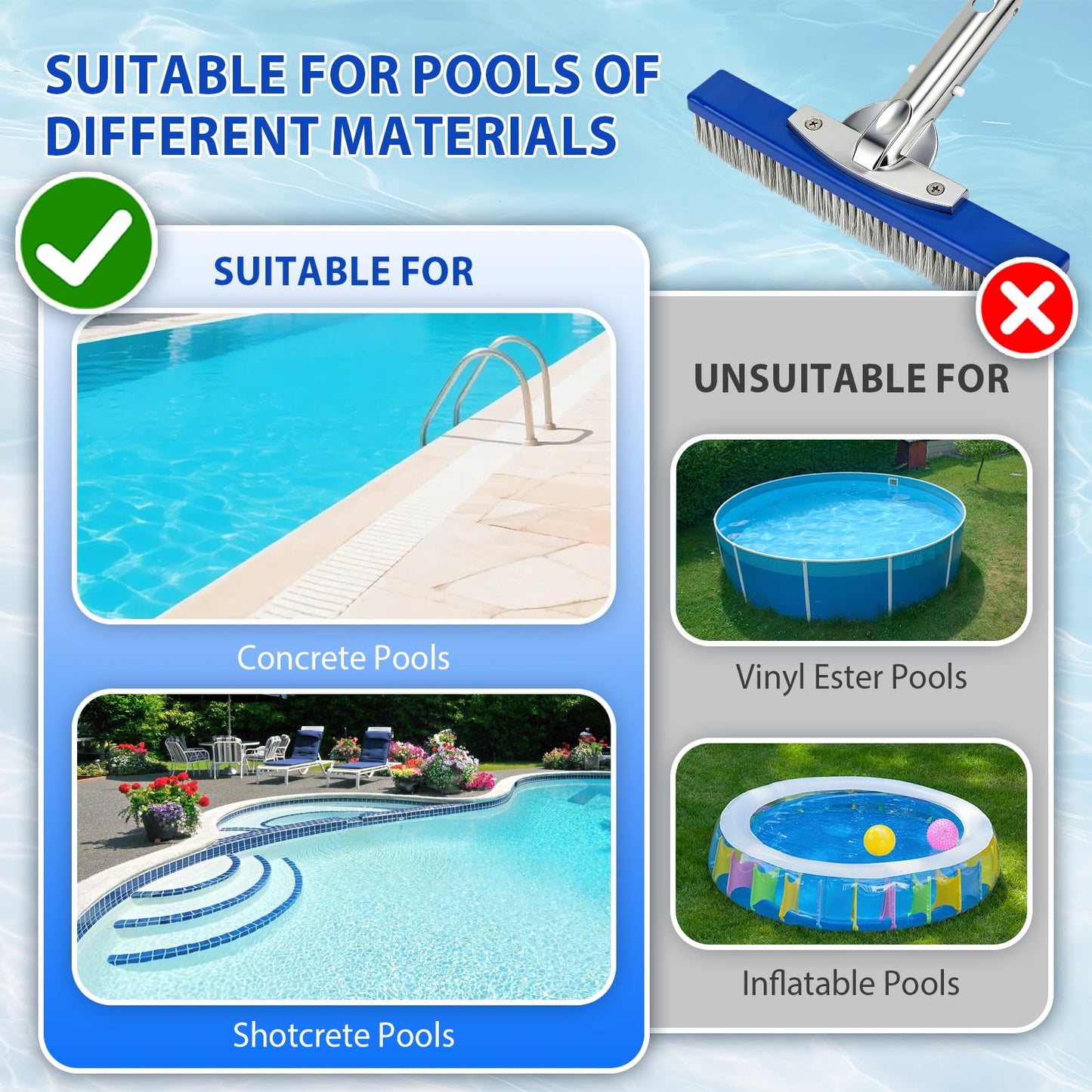 10-Inch Pool Brush Head - Combo Nylon & Stainless Steel Wire Bristles, Heavy Duty Metal Pool Brush for Extra Scrubbing Power, for Cleaning Inground Pool Tiles, Concrete, Walls, Floor, Steps, Corners