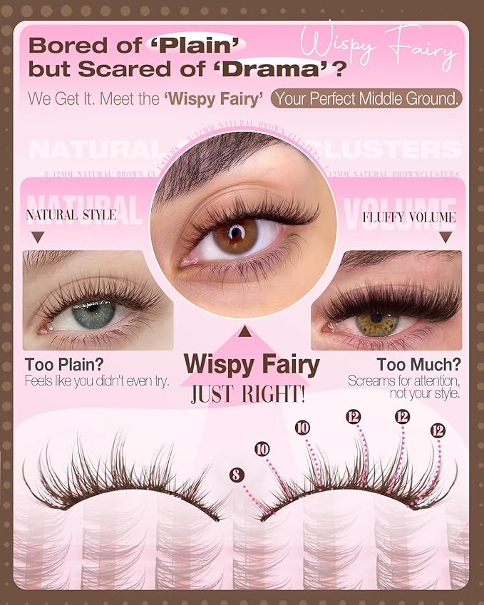 Brown Lash Clusters 8-12MM Wispy Eyelash Clusters Short Fairy Cluster Eyelash Extensions Natural Cluster Lashes Extensions Easy Wider-Band Anime Individual Lashes for Soft Glam (CC Curve, 144Pcs)