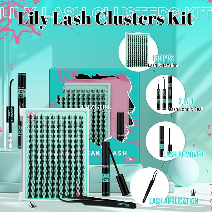 Lash Clusters Kit 160PCS Fairy Eyelash Clusters Kit with Lash White Bond and Seal,Eyelash Glue Remover and Applicator, Manga Eyelashes Wide Stem Cluster Eyelashes Extensions Kit(Lily,C-Mix10-18mm)
