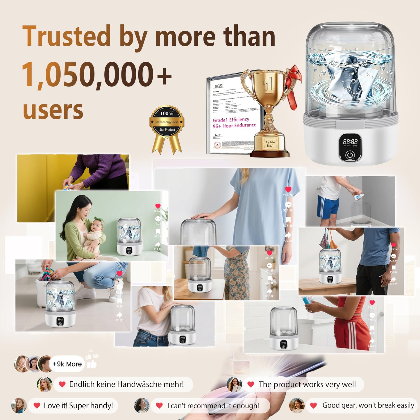 5.0 Upgraded Top Configuration Mini Washing Machine【7000mAh Luxury Dual Battery】【No.1 German Motor】【SGS-Certified UV-C Light】1.5L Portable Washer for Travel, Camping, Apartments, Dorm, RV, Hotel