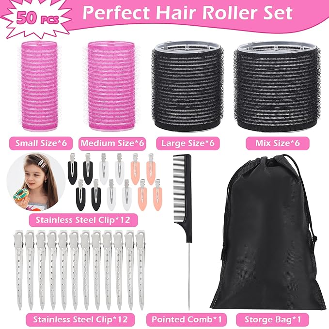 50Piece Hair Rollers Set, Self-Grip Rollers Hair Curlers for Long Medium Short Hair, 4 Sizes of Hair Rolls(6 Jumbo + 6 Large + 6 Medium + 6 Small + 1 Storage Bag), and 24Pcs Clips/1Pcs Comb