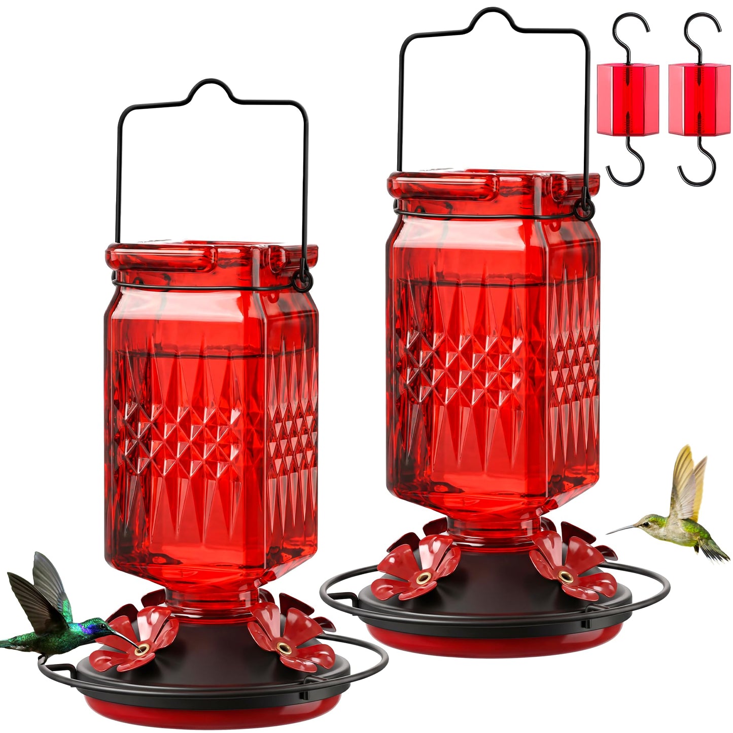 Tegarbed 20oz Glass Hummingbird Feeder for Outdoors Hanging, Bird Nectar Feeder with 4 Bee Guard Flower-Shaped Feeding Ports & Built-in Ant Moat, for Bird Lover, Red (2 Pack)
