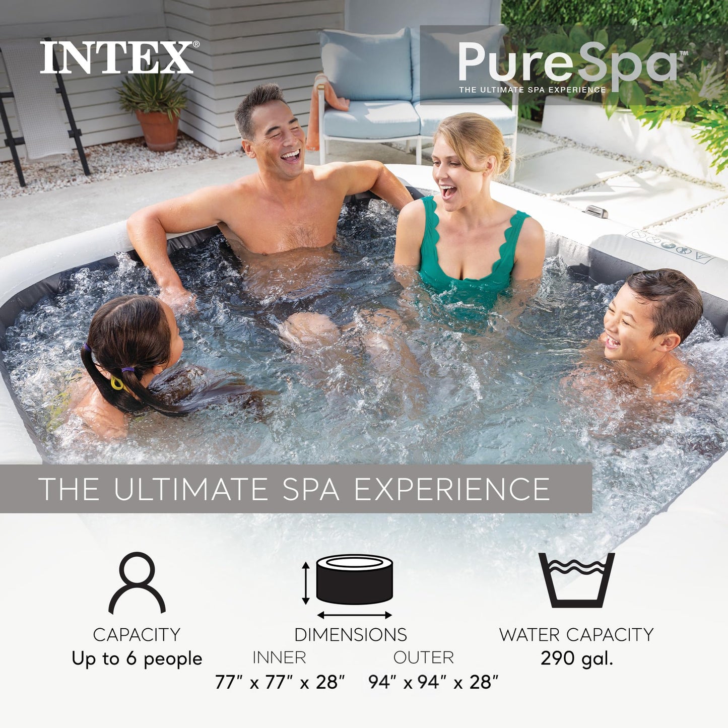 INTEX PureSpa Greystone Deluxe 6 Person Square Inflatable Hot Tub, Bubble Massage Spa Set with Energy Efficient Cover, 2 Headrests, & LED Light, 77 in x 28 in