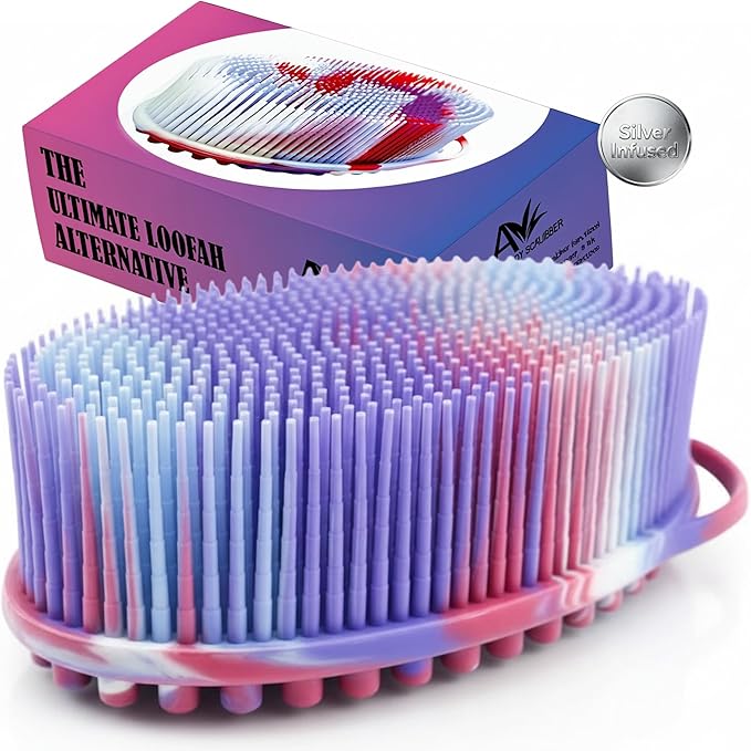 Avilana Silver Edition Body Scrubber - Silver-Ion Infused Silicone Shower Brush, ISO Tested Dual Sided, Stays Fresher Longer, SGS Certified Gentle Exfoliating Loofah Alternative Sensitive Skin Women
