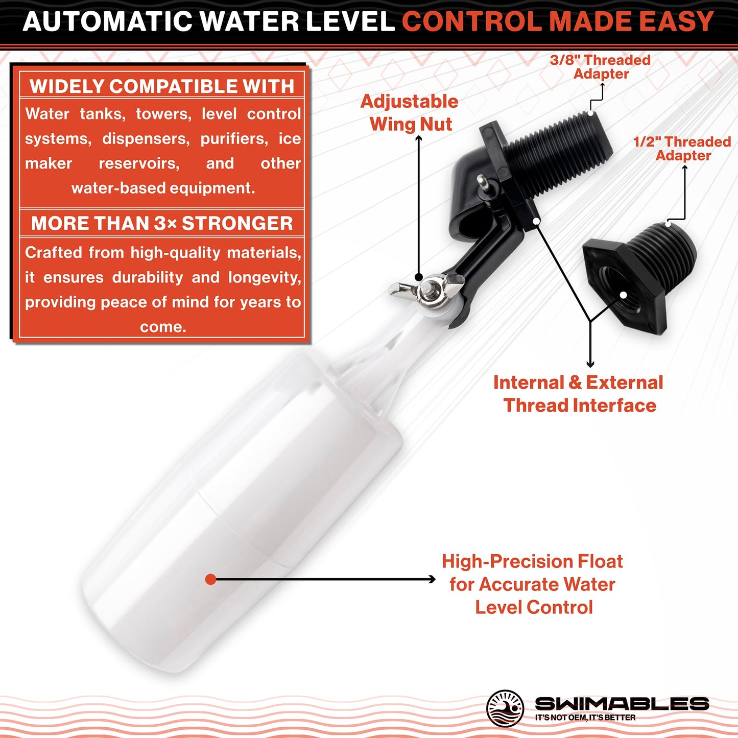 Swimables 3/8" and 1/2" Pool Auto Fill Float Valve Replacement | Includes Adapter From 3/8 Inch to 1/2 Inch | Compatible with Most Water Float Valve For Water Tank and Pool Water Leveler Auto Fill