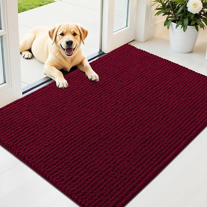 OLANLY Dog Door Mat for Muddy Paws 44x32, Ultra Absorbent Chenille Mud Doormat, Non-Slip Washable and Dirt Trapping Doormat for Indoor Entryway, Quick-Dry Indoor Pet Bed Mats for Dogs, Burgundy