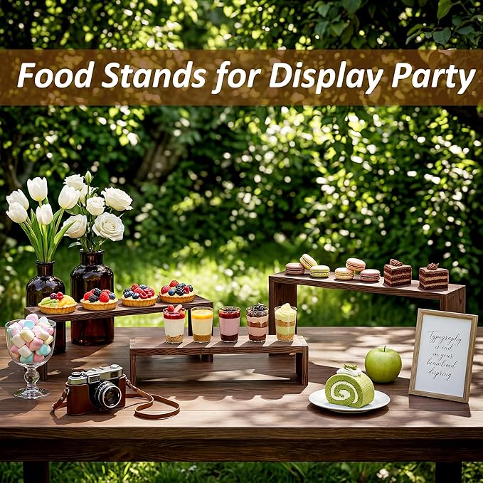 2 Set Wooden Cupcake Stand for Decor, 4 Tiered Stackable Display Risers, Farmhouse Decor Wood Dessert Table Display Set for Party, Vendor Events, Dark Brown