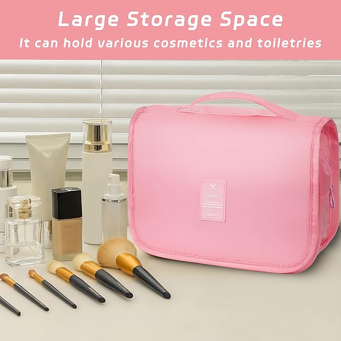 Toiletry Bag Travel Bag with Hanging Hook, Waterproof Capacity Hanging Multifunctional Makeup Bag for Toiletries, Portable Cosmetic Bag Travel Organizer for Women and Men(Pink)