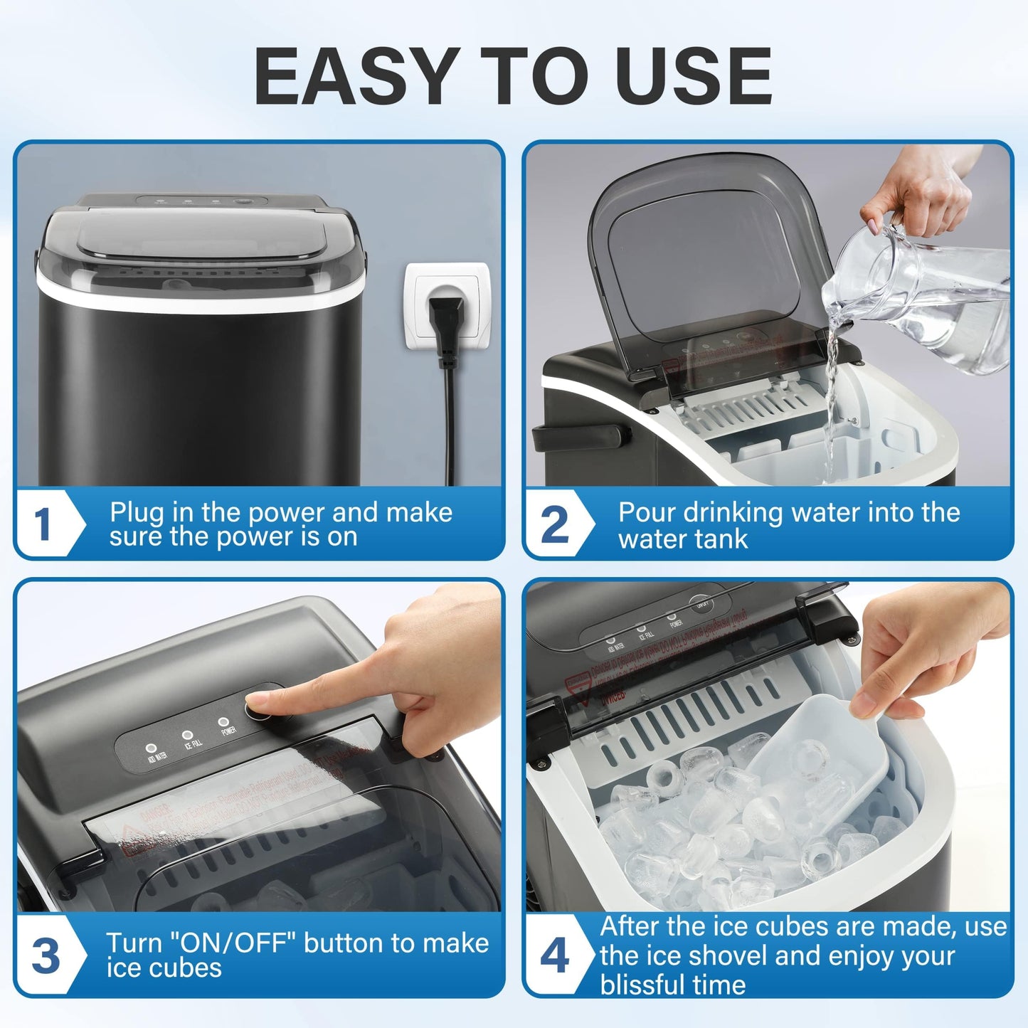 HealSmart Countertop Ice Maker, 9 Ice Cubes Ready in 6 Minutes, 26lbs/24Hrs, 2 Sizes Bullet Ice, Self-Cleaning with Scoop, Basket & Handle, for Kitchen, Office, Black