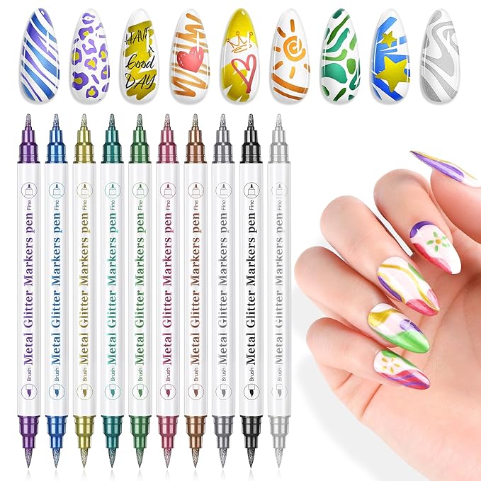 SAVILAND Nail Art Pens Set: 10 Colors Double Ended Quick Dry Nail Polish Pens for Nail Art Design Painting Drawing Liner Brush Dotting Tool Metallic Nail Paint Markers Pen Home Manicure DIY