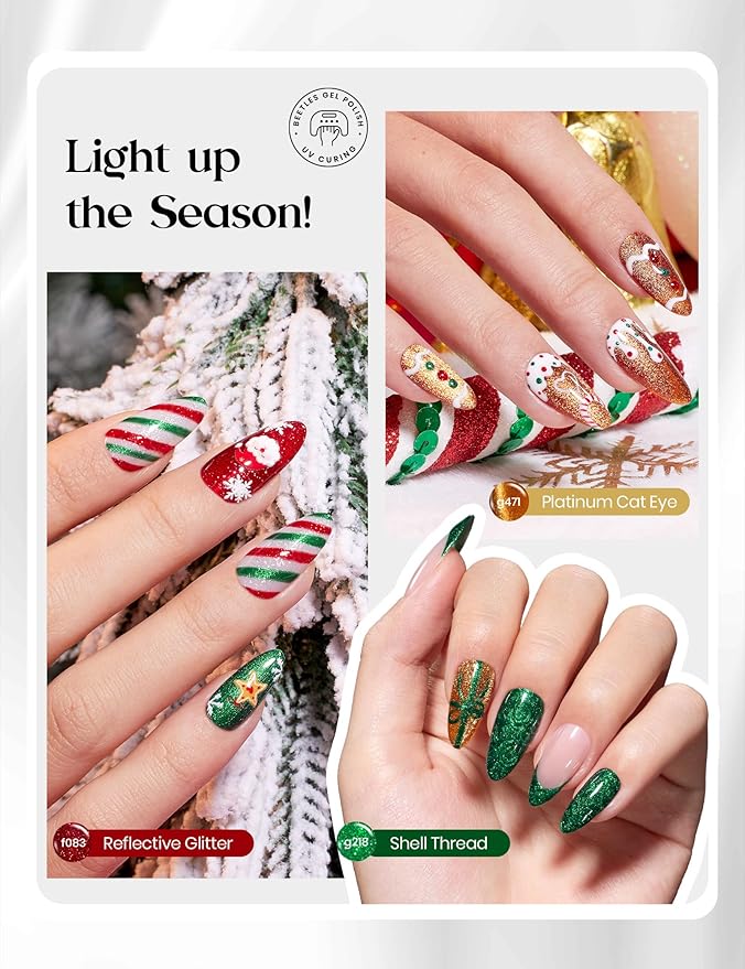 beetles Gel Polish Merry Glitzmas 2025 Gift Box – Nail Art Set with Mini LED Nail Lamp Base Top Coat and Festive Holiday Surprises Gifts for Women Girls