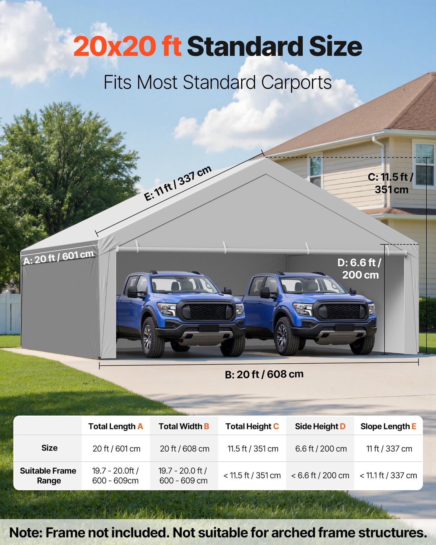 VEVOR Carport Replacement Canopy Cover, 20 x 20 ft Potable Garage Tent Top Tarp with Sidewalls, UV-Resistant & Waterproof, Heavy Duty Car Shelter Tarp with Ball Buggees, Grey, Frame Not Included