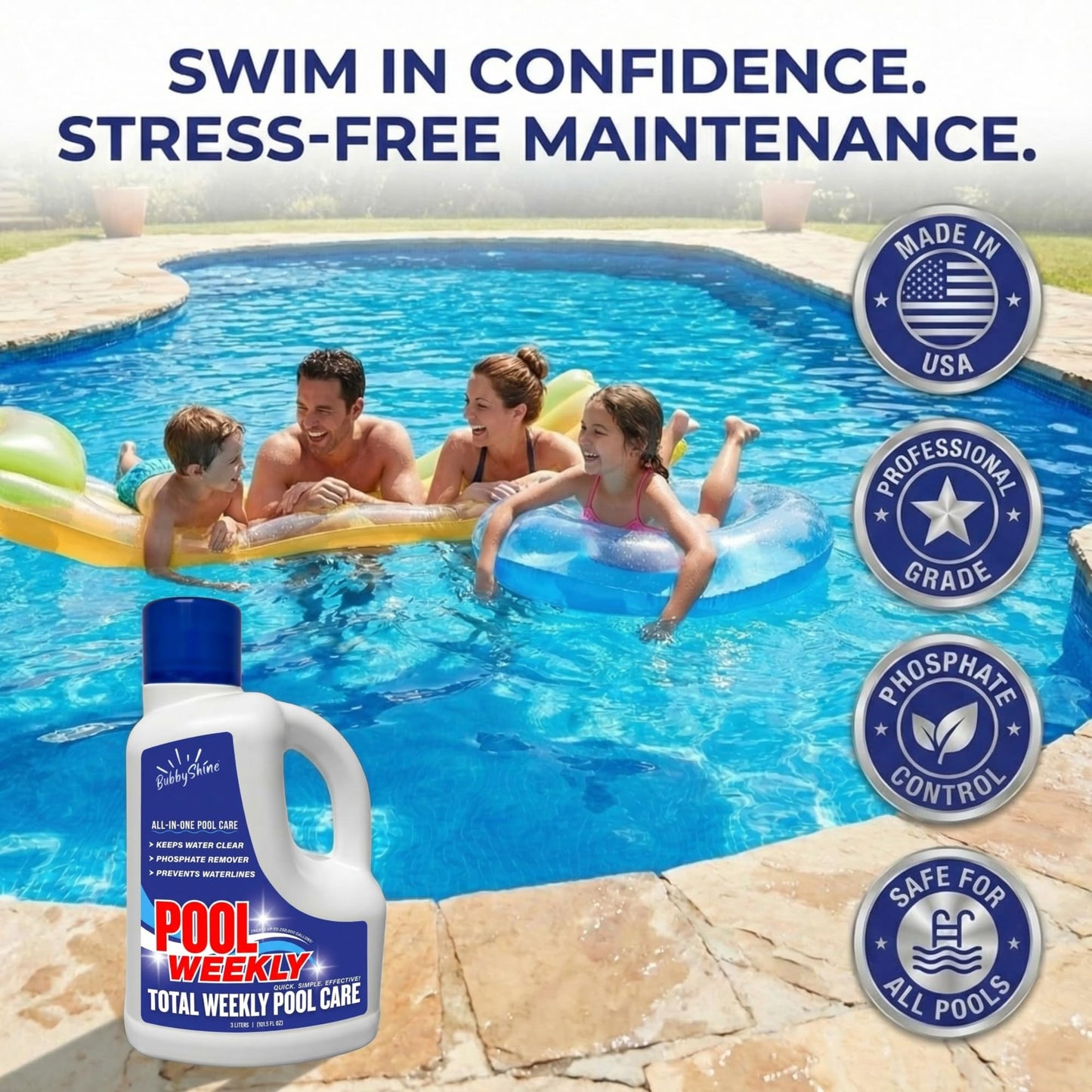 Weekly Pool Treatment, All in One Pool Treatment with Phosphate Remover, Pool Clarifier and Pool Waterline Cleaner, Saltwater Safe, 3 Liter 101.5 fl oz, BubbyShine