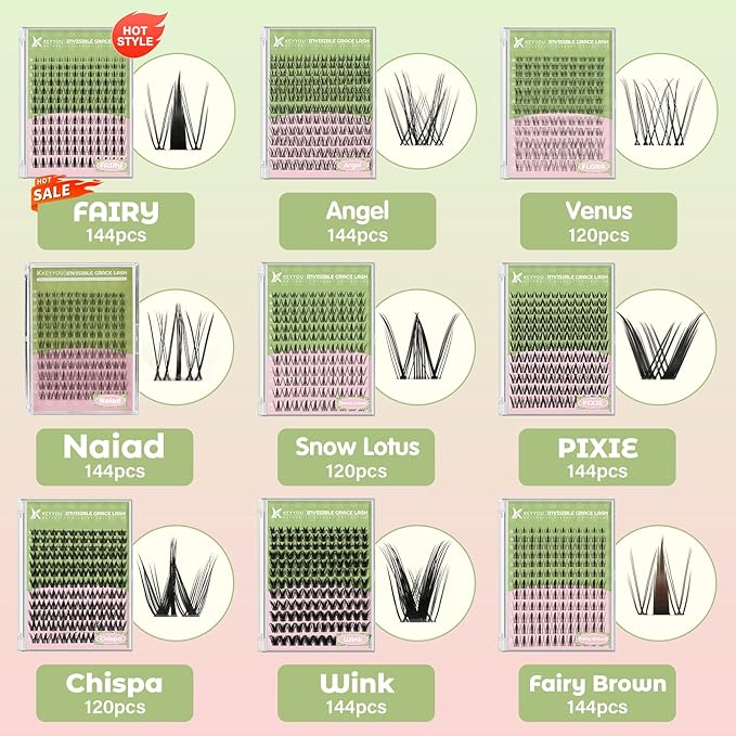 KEYYOU Naiad Lash Clusters Fairy Eyelash Extension C Curl 144Pcs Eyelash Extension Wispy Natural Invisible Band Lash with Waterproof DIY Lash Extension at Home(Naiad-C-8-16MIX)