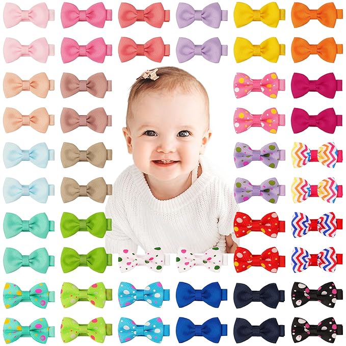 CÉLLOT Baby Hair Clips Baby Girls Fully Lined Bows Pins Tiny 1.6" Hair Bows Alligator Clips for Baby Girls Infants Toddlers Hair Accessories In Pairs