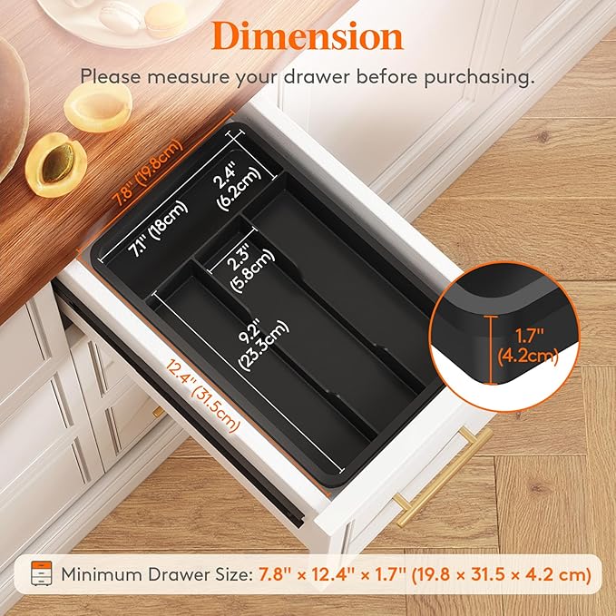 Lifewit Silverware Drawer Organizer Tray, Plastic Cutlery Storage for Kitchen, Flatware and Utensil Holder Divider for Spoons Forks Knives Tableware, 7.8 x 12.4", 4 Slots, Black