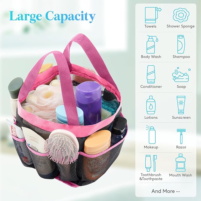 Lifewit Mesh Shower Caddy Portable for College Dorm Room Essentials with 7 Pockets, Freestanding Hanging Organizer Basket, Quick Dry Tote Bag for Camping, Bathroom, Beach, Travel, 1 Pack, Pink