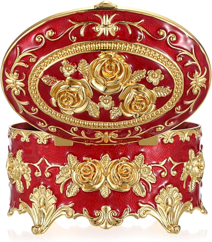 Hipiwe Oval Jewelry Box Classic Metal Trinket Organizer Ring Storage Box with Rose Pattern Jewelry Storage Box for Ring Earrings Necklace, Gift for Women, Red