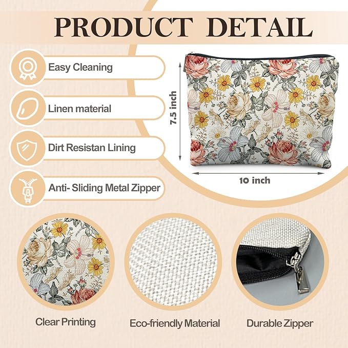 Floral Makeup Bag, Vintage Floral Pouch for Women, Aesthetic Makeup Bag, Flower Gifts for Women, Gifts for Flower Lovers, Colorful Garden Flowers Makeup Pouch