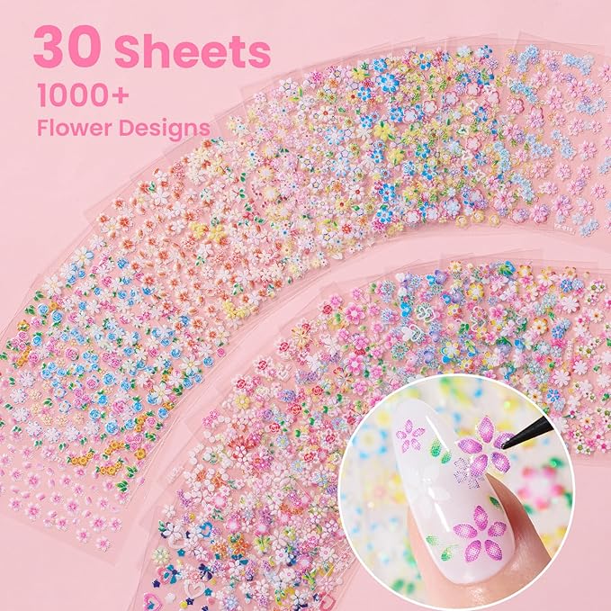 Beetles Nail Art Stickers 30 Sheets 3D Flower Nail Stickers Heart Nails Design Supplies DIY Decals for Decoration Nails Art for Women Girls