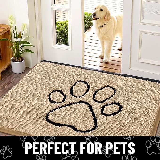 Smiry Dog Door Mat for Muddy Paws, Absorbent Dirt Trapper Non Slip Quick Dry Washable Chenille Mat for Mud Dogs, Entry Rug for Indoor and Outdoor (36x24 Inches, Beige and Black