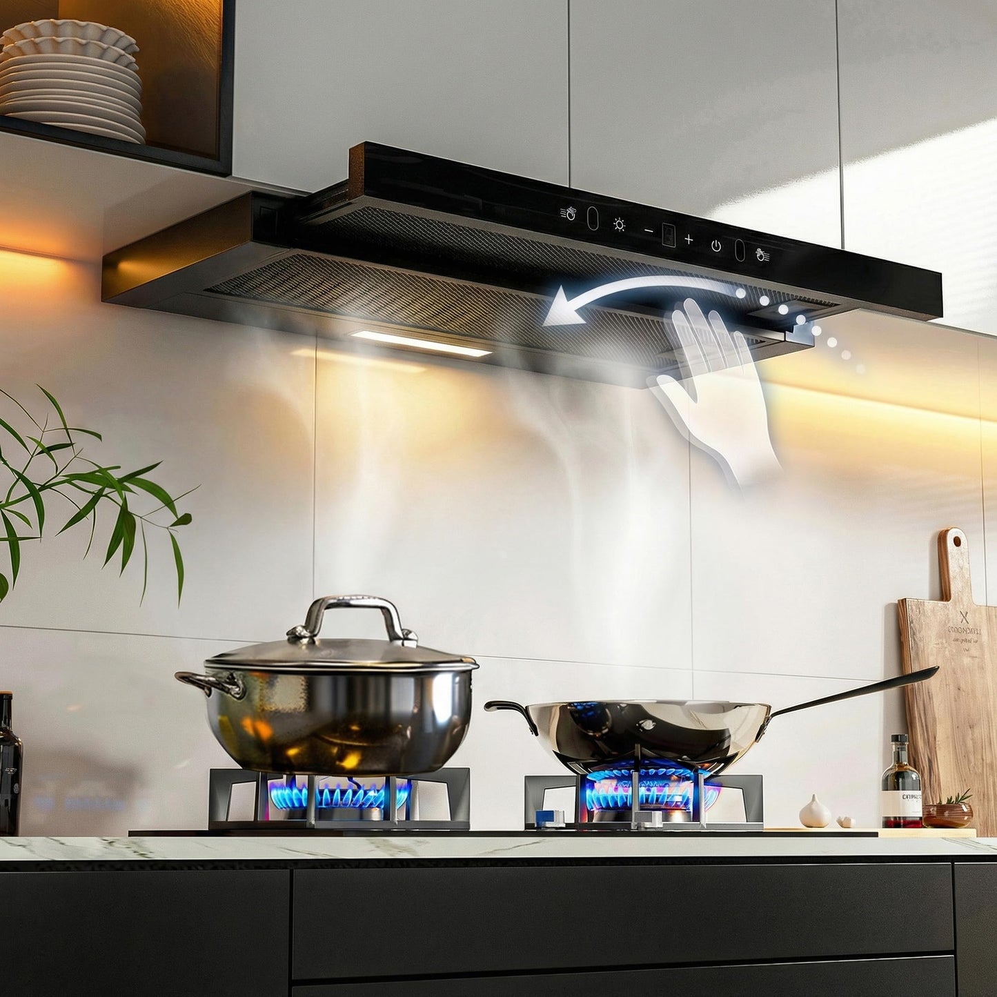 MOMOKOVA Range Hood 30 Inch Under Cabinet, Kitchen Hood with 750 CFM, 3-Speed Gesture Sensing & Touch Control, Stainless Steel Vent Hood with Pull-out Panel, LED Lights, 2 Pcs Aluminum Filters