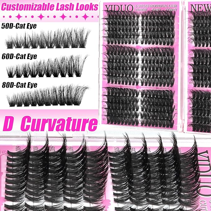 YIDUO Lash Clusters Kit 1021Pcs Volume Clusters Lashes Extensions with 2X Bond and Seal cat eye 50D/60D/80D + Manga 100D/150D Spikes Eyelash Cluster Kit 10-18mm Wispy Individual Lash DIY at Home
