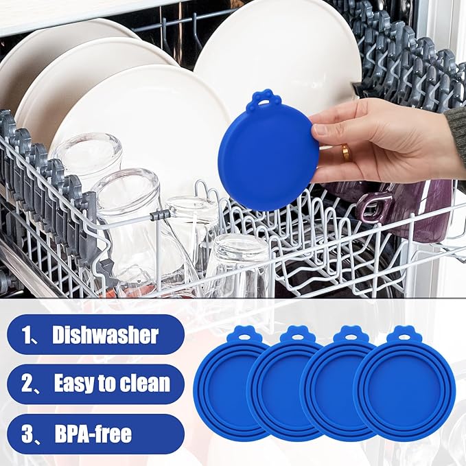 PINE & LINEN 4 Pcs Durable Pet Can Lids,One fit 3 Standard Size Silicone Waterproof Cat Food Cans Lids for 3oz/5.5oz/12.5oz/13.2oz Cat Food Cans（Blue）