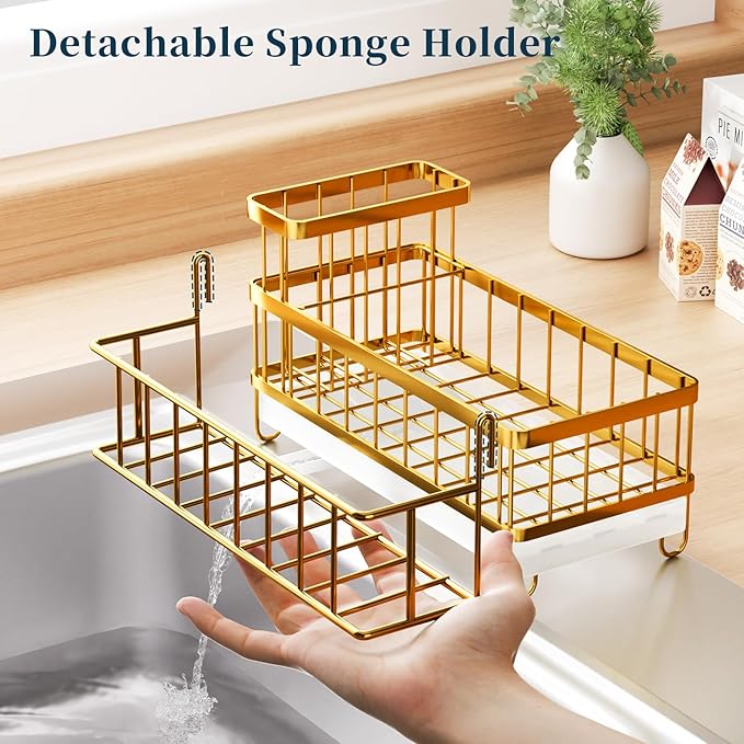 Consuemst Sponge Holder for Kitchen Sink - Auto Draining Sink Caddy Organizer with Detachable Rack, High Brush Holder, Kitchen Countertop Storage Accessories, Gold
