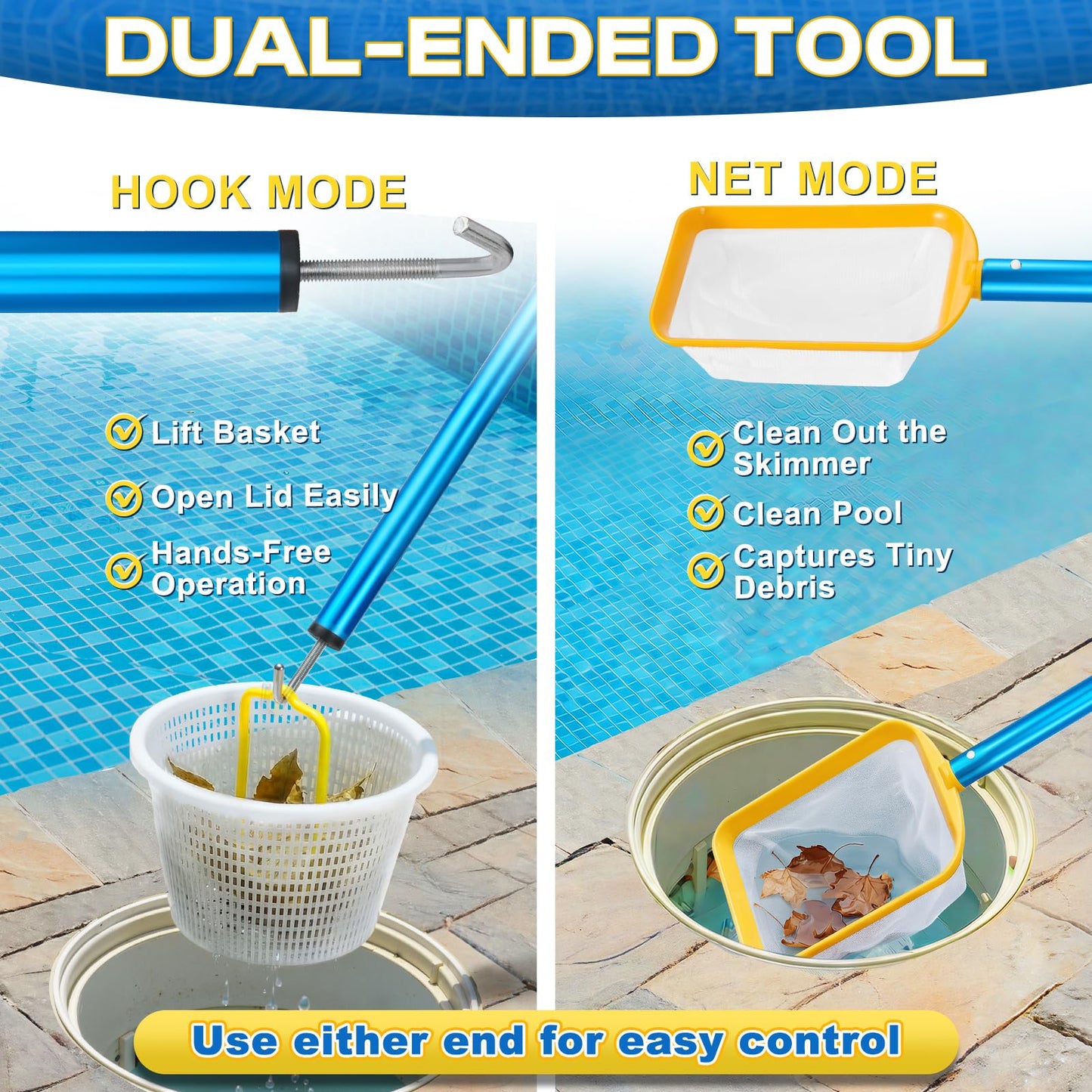 ComfyKit 22.5in 2-in-1 Pool Skimmer Tool with Stainless Steel Hook and Detachable Fine Mesh Net, Includes Skimmer Basket Handle, for Above Ground and Inground Pools