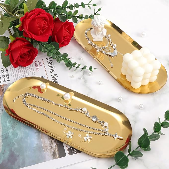 2PACK Gold Decorative Tray,Oval Stainless Steel Trays, Decorative Tray for Jewelry Dish Cosmetics Organizer Bathroom Clutter Serving Platter