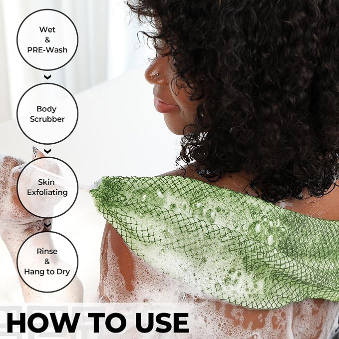 African Net Sponge Authentic -2 Pieces Exfoliating Scrubber for All Skin Types - Bath Washcloth Back Scrub for Shower - Body Exfoliator Sponge for Face & Body Care (Olive Green & Seawave)