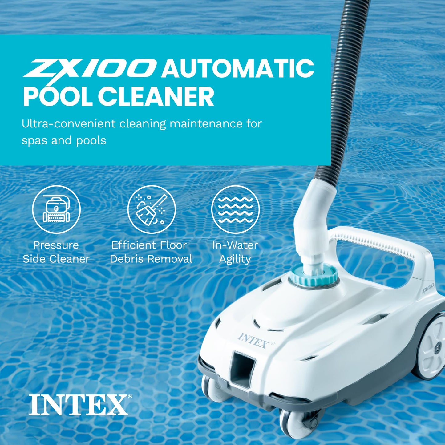 INTEX 28006E ZX100 Pressure-Side Above Ground Automatic Pool Cleaner: for Bigger Pools – Cleans Pool Floor – Removes Debris – Removable Filter Tray – 21ft Tangle Free Hose