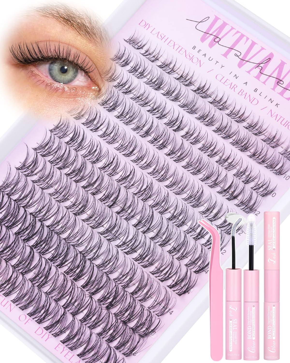 Wispy Lash Clusters Kit Venus Invisible Band Eyelash Clusters 8-16mm Lash Extension Kit Natural Lashes Clusters Eyelash Extension Kit with Thin Band Lash Cluster Clear Lash Glue and Tweezers by Wtvane