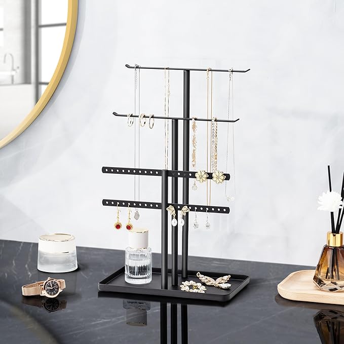 pickpiff Jewelry Stand Organizer, 12.5" Tall Sturdy Metal, 3-Tier Jewelry Holder for Necklace, Earring, Bracelet, Ring, Hanger for Display and Storage, Aesthetic Room Decor, Black